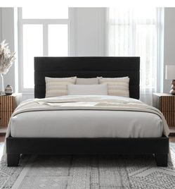 Queen Bed Frame, Upholstered Platform Bed, Adjustable Vertical Channel Tufted Headboard, Corduroy Fabric, Modern Low Profile, Wooden Slats, No Box Spr
