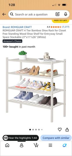 Romguar Craft 4-Tier Bamboo Shoe Rack White