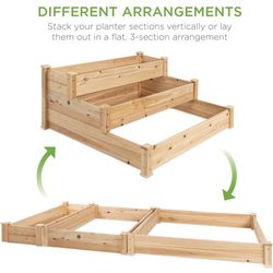 3-Tier Fir Wood Raised Garden Bed Planter Kit for Plants, Herbs, Vegetables, Outdoor Gardening w/Stackable & Flat Arrangement, Easy Assembly - Natural