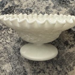 Vintage Westmoreland Milk Glass Maple Leaf Embossed Pedestal Bowl, Ruffled Edge