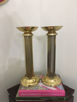 Set of vintage brass column candle holders