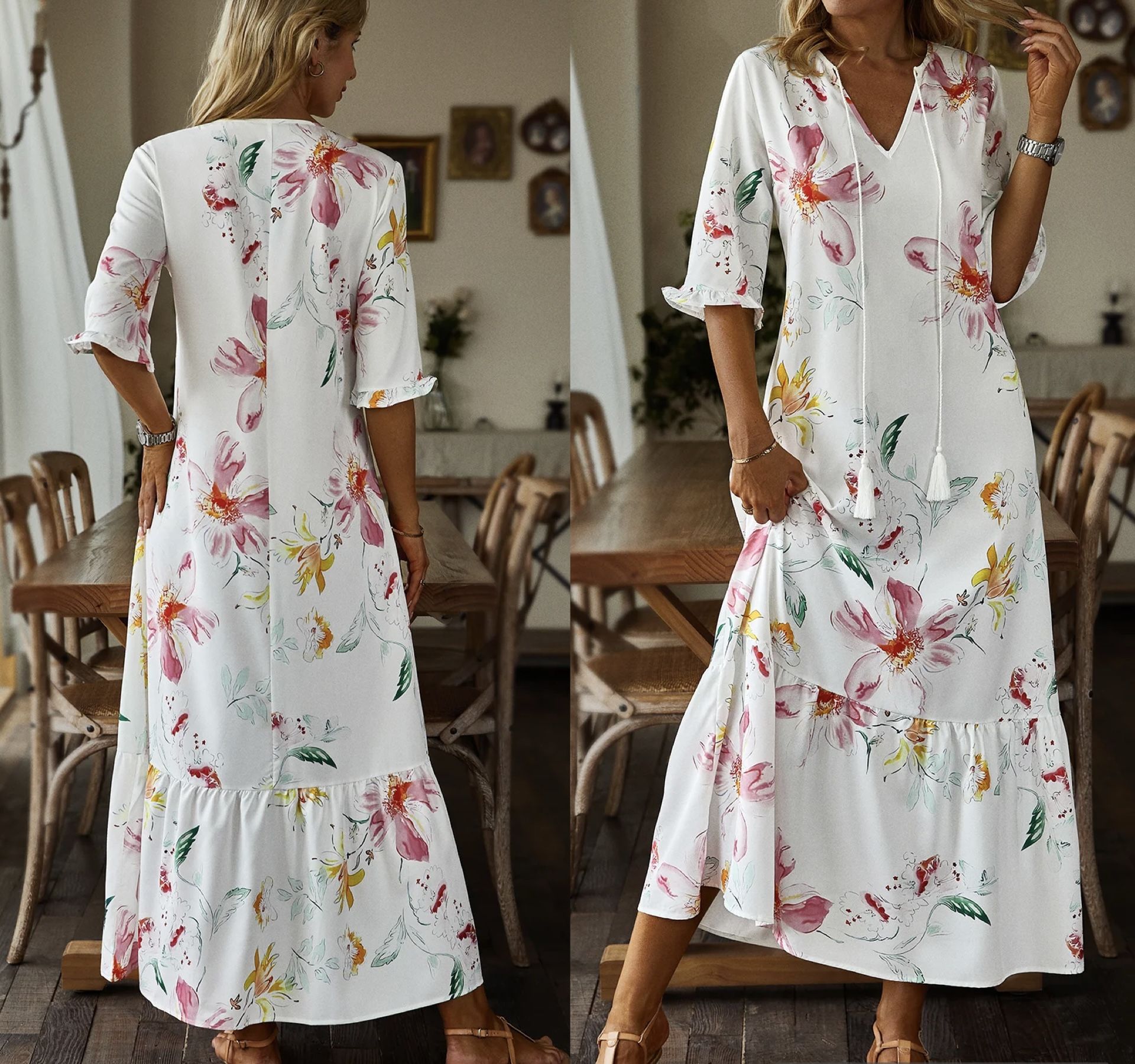 NWT Noracora White Floral Midi Half-Sleeve V-Neck Polyester Dress w/ Tassel XL