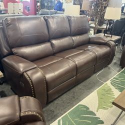 3 Piece power recliner living room set . Includes:  Power Sofa with Drop Down Table, Power Recliner armchair with USB/Bluetooth Speaker & LED Light, S