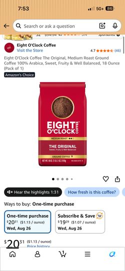 New medium roast 8 o’clock coffee 1 pound bag. I have four bags available price is for each bag.