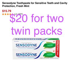 Sensodyne Toothpaste for Sensitive Teeth and Cavity Protection, Fresh Mint, Lot of 2 Twin Packs, 4 x 4.0 oz Each
