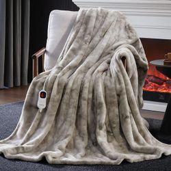 Guohaoi Heated Blanket Electric Throw, Soft Faux Rabbit Fur Electric Blanket with 10 Heating Levels 5 Sitting Timer Auto Off, Cozy Warm Heating Blanke