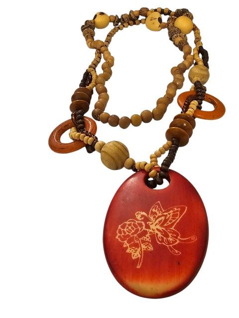 Brazilian wood beaded boho butterfly necklace