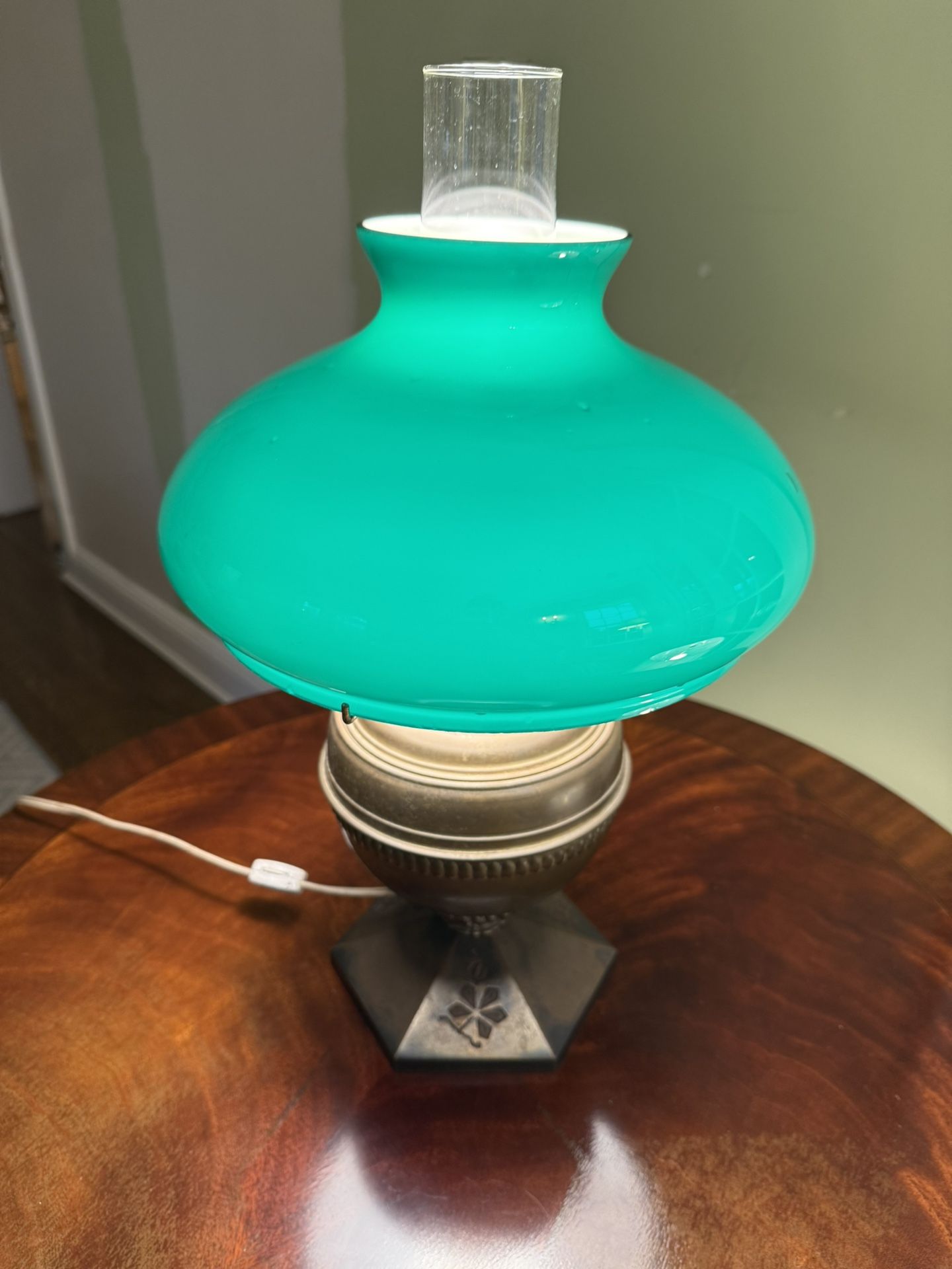 Bradley and Hubbard B&H Electrified Antique Green Glass Brass Oil Lamp. 19” tall