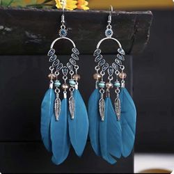Bohemian Turquoise Feather Tassel Earrings  *See My Other 800 Items *
