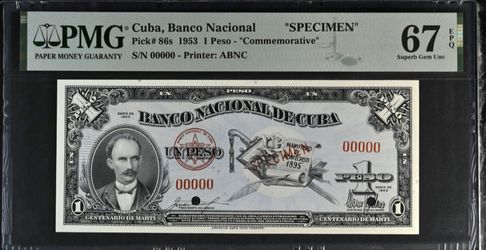 1 peso 1953 specimen cuba PMG 67 TOP