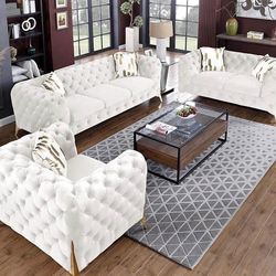Chesterfield tufted white microfiber luxury three piece couch set