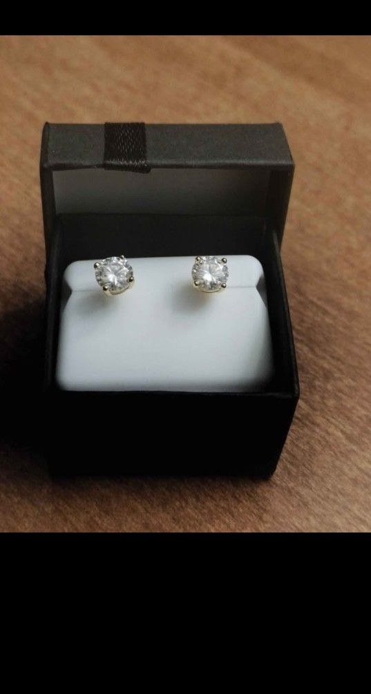 100% Genuine Moissanite Diamond Earrings 2CTW 6MM In 925 Sterling Silver With Yellow Gold Vermeil Plating