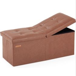 31.5 Inches Ottoman with Storage, Folding Ottoman Bench Small Foot Rest Stool, Bedroom Bench with Flipping Lid, Faux Leather Retro Brown