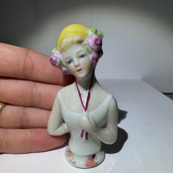 Antique Porcelain Pin Cushion Woman Figurine