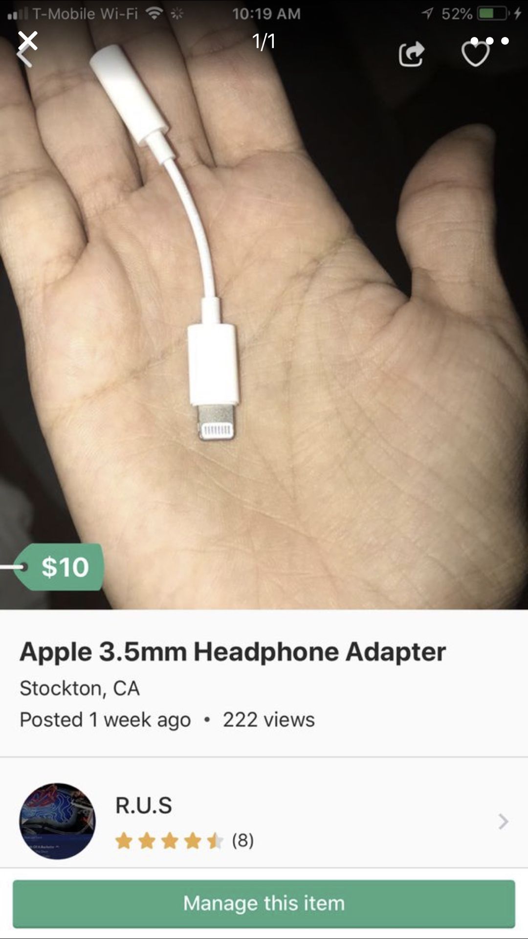 Headphone adapter Apple cord