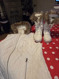 Winter White Nylon Vest With Bird Trim And Boots To Match