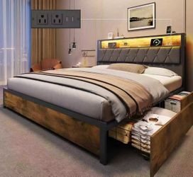 Queen Bed Frame with Storage &amp; LED Lights,Upholstered Headboard &amp; 2 Drawers,No Box Spring Needed,Easy Assembly,Sturdy &amp; Durable,Grey