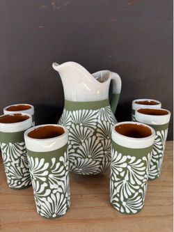 Mexican Engobe Pitchers with 6 Cups, Pottery.