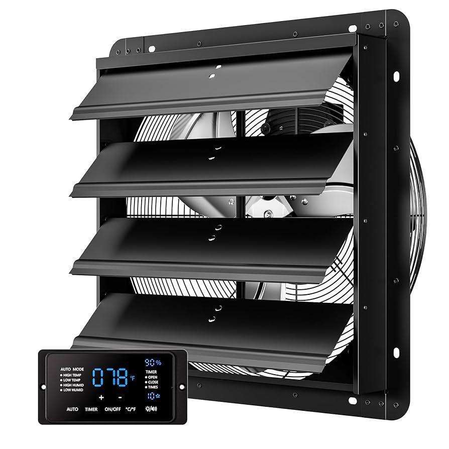 18 Inch EC Motor Shutter Exhaust Fan, 6 Inch Large Touchscreen Controller for Temp Humidity and Speed Control, 10-Speed Wall Mount Fan for Attic, Gree