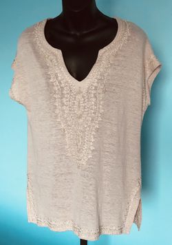 J. Jill Oatmeal / Tan 100% Linen Short Sleeve Embroidered V-Neck Tunic Top / XS