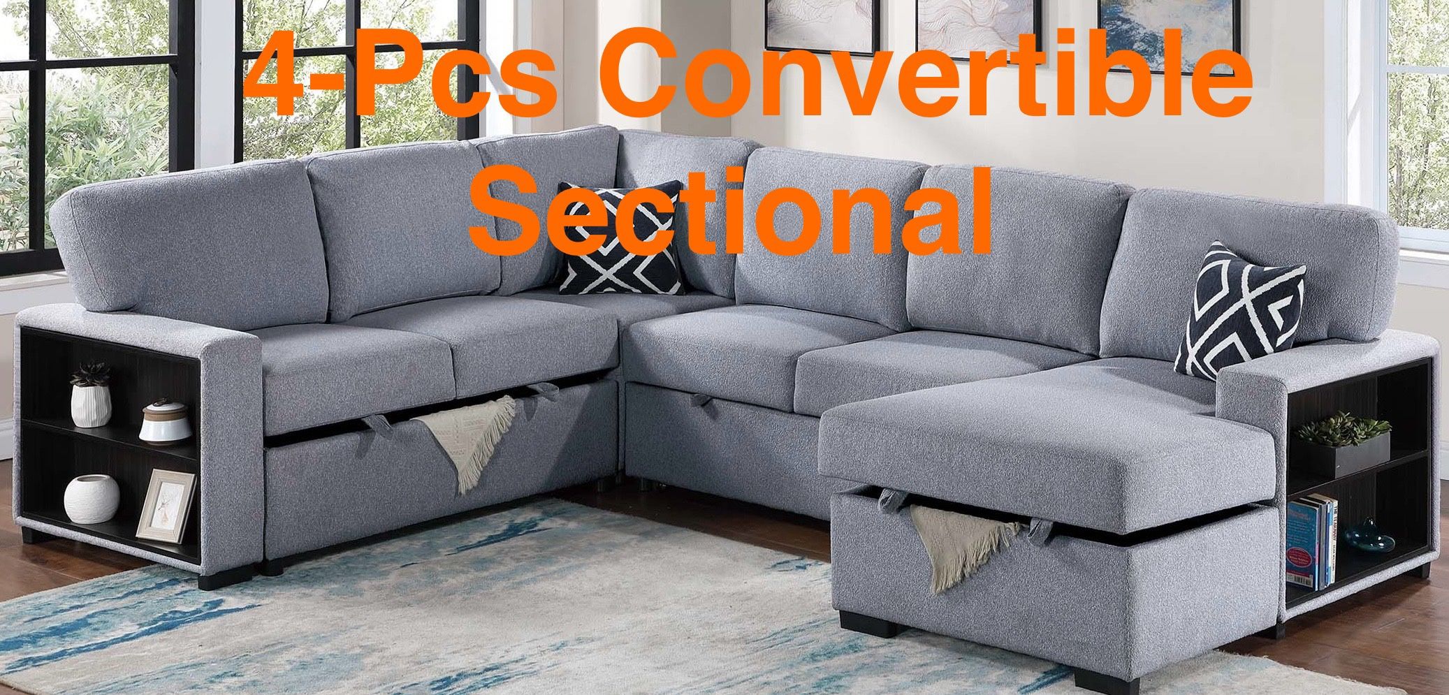 Large Boucle’ 4-Pcs Convertible Sectional (Finance & Delivery)