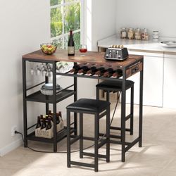 New in a sealed box last pictures are the actual pictures Bar Table and Chairs Set with Power Outlet, Pub Table and Chairs Set for 2 with 2 Storage Sh