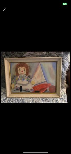 1960’s professionally framed, Raggedy Ann with sailboat, print/art.