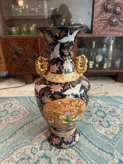 24-inch vintage Chinese porcelain floor vase styled in a traditional Japanese Satsuma aesthetic