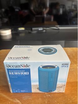 OceanSide Waterproof Bluetooth Speaker (IPX5, ~5-6 hours playtime): Cylindrical blue portable speaker with buttons labeled on the box.