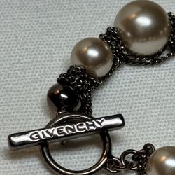 Givenchy Designer Champagne Taupe Colored Fuax Pearl and Chrystal Link Bronze Colored Bracelet