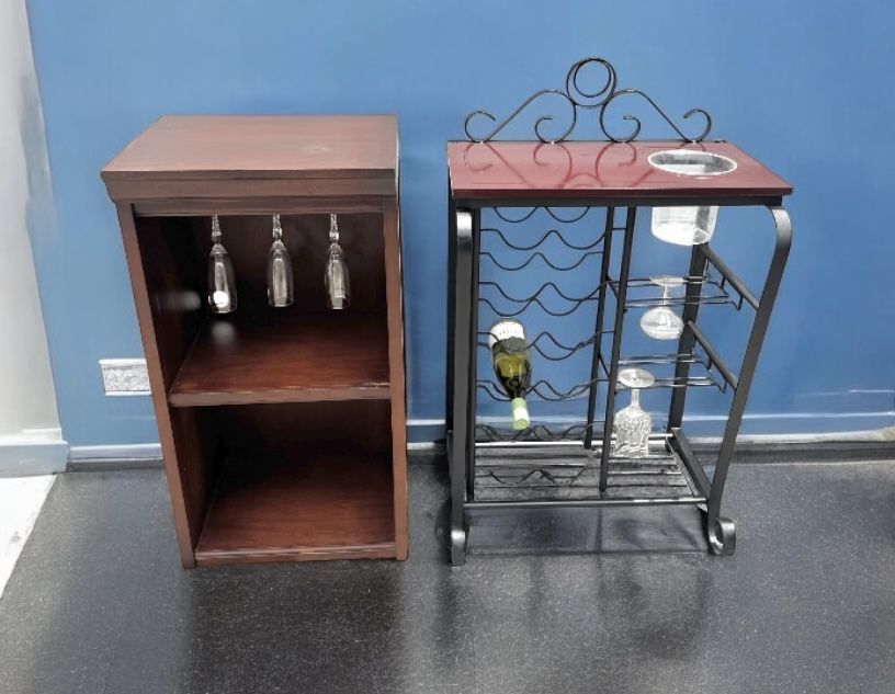 2 pc: mahogany metal bar cart & wine rack & 2 layer wood liquid modular bar tower $35 ea