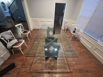 Custom 8’ Tempered Glass Dining Table w/ Sculptural Stone Pedestal Base