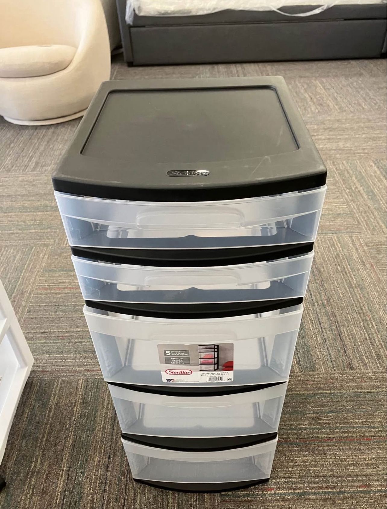 5 Drawer Tower, with both Shallow and Deep Clear Plastic Drawers, Black, New