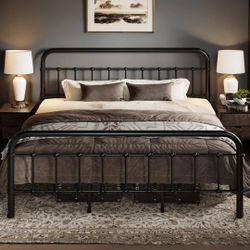 Full Metal Platform Bed Frame Victorian Style, No Box Spring Required