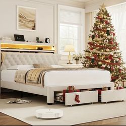 NEW FULL AND QUEEN SIZE BEIGE LED BED WITH MATTRESS AND FREE DELIVERY