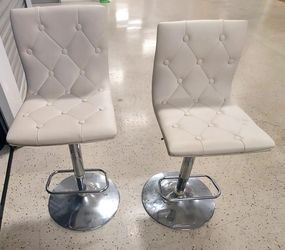 2 WHITE LEATHERETTE & STEEL BAR STOOLS
