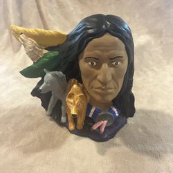 Hand Painted Indian Bust With Wolves 