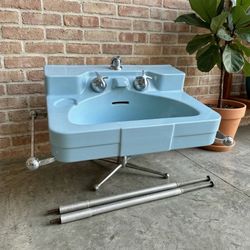 Vintage Mid Century Crane Hanover Blue Sink MCM Console Chrome Legs Faucet Set⁠