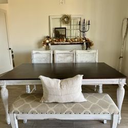 Beautiful Wooden Dining Table, 3 Chairs & Bench Refinished