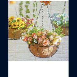 4 Pack Hanging Planter Basket with Coco Coin Liner 8 inch Hanging Flower Pots Outdoor Decorative Round Wire Plant Holder with Chain Metal Hanging Bask
