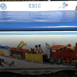 Beautiful Well Built Sturdy Toy Box For "ERIC". Train On the Front And A Nice Cushion Seat On Top.