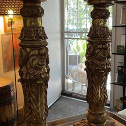 Pair Of Art Deco Gold Long Candle Stick Holders 