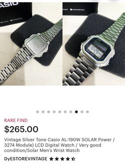 Casio AL-190W Solar Digital Gold Batteryless Watch Module 3274 Vintage Rare From 1980s Small Watch