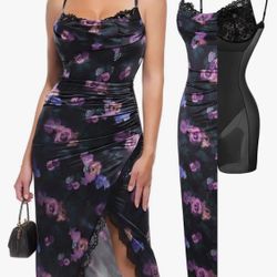 Lace Trim Sculpting Floral-Print Midi Dress