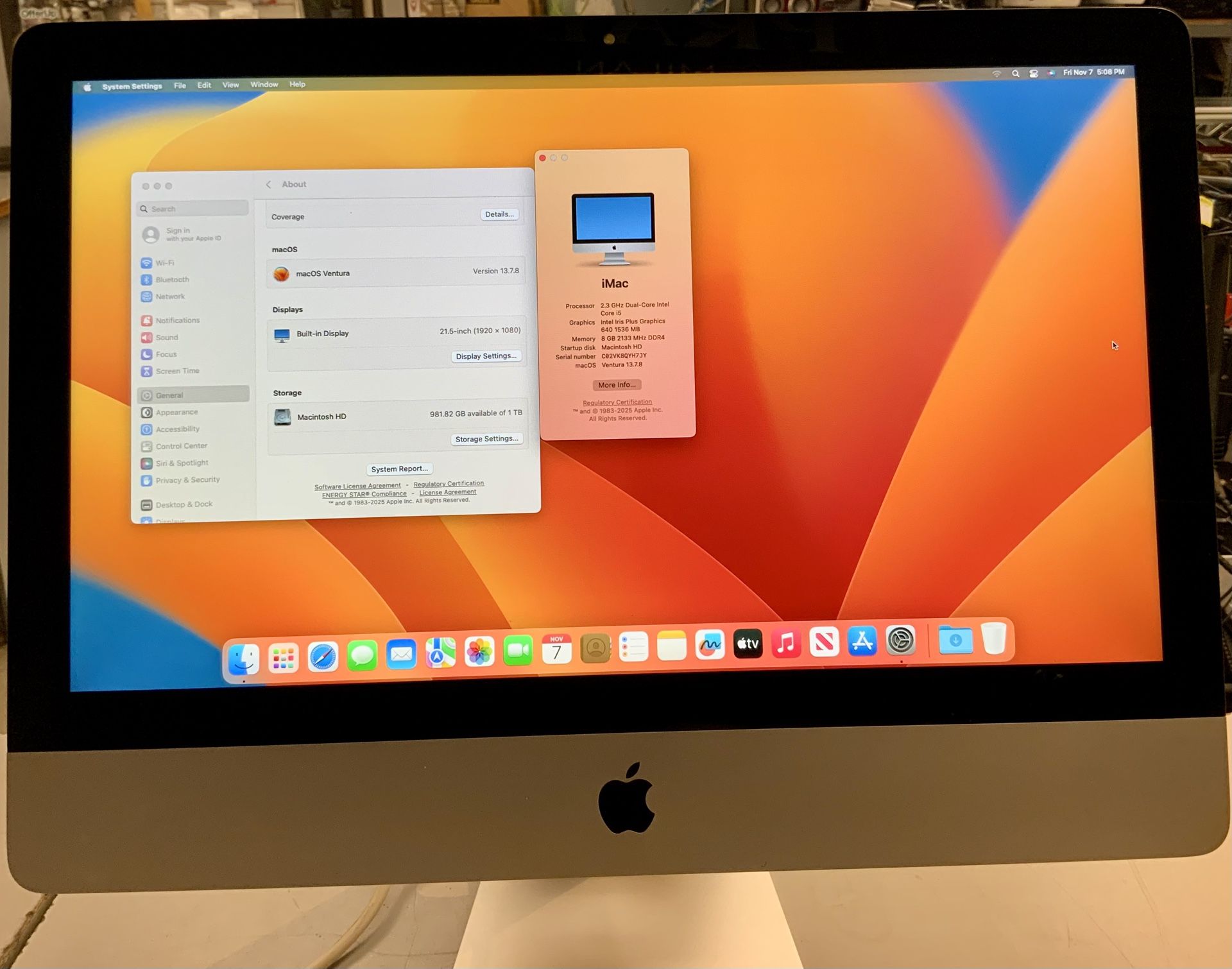 Apple iMac 2017 Dual Core Intel Core I5 Processor 8 GB RAM Ventura macOS Intel Iris Plus Graphics 21.5 Inch Display 1 TB Storage SSD PC WiFi Bluetooth