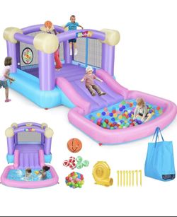 Whubefy Inflatable Pink Bounce House for Kids 2-8 with Ball Pit, 161x82x63 All-in-ONE Jump and Slide Water Park w/50 Ocean Balls, 6 Dart Target Balls,