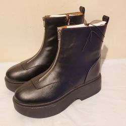 Black Leather Platform Ankle Boots Front Zip