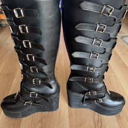 NEW Black Womens Gothic Knee High Wedge High Boots Motorcycle Platform Combat Buckles