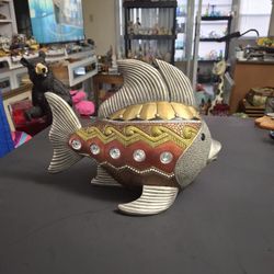 Unique Fish Figurine-Artistic Angelfish Sculpture W/Colorful Enamel & Bejeweled With Crystals 10.5"L X 8"H X 6.5"W