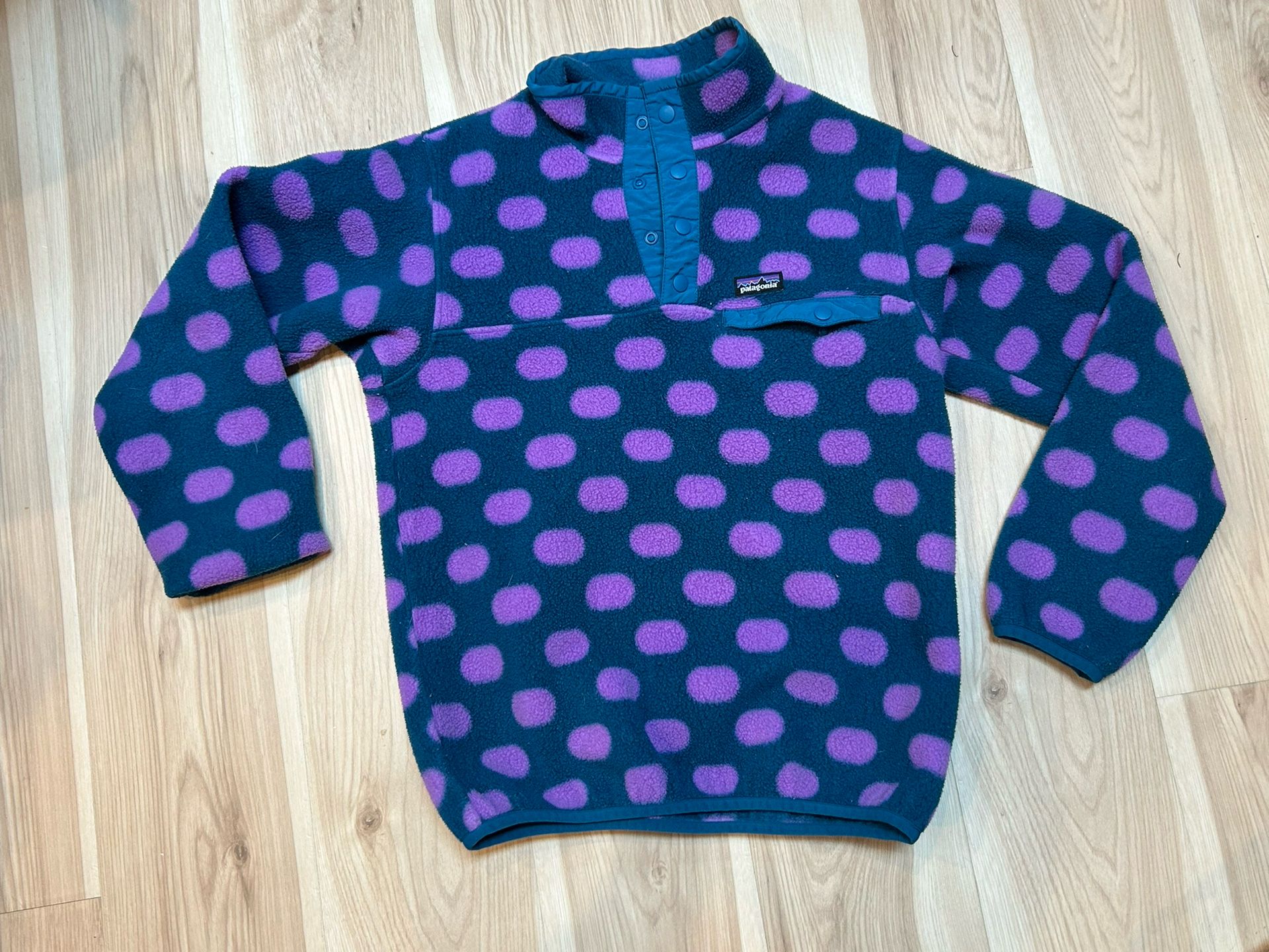 Patagonia Synchilla Snap T Fleece Sweatshirt Girls XL 14 Blue With Pink Polka Dots